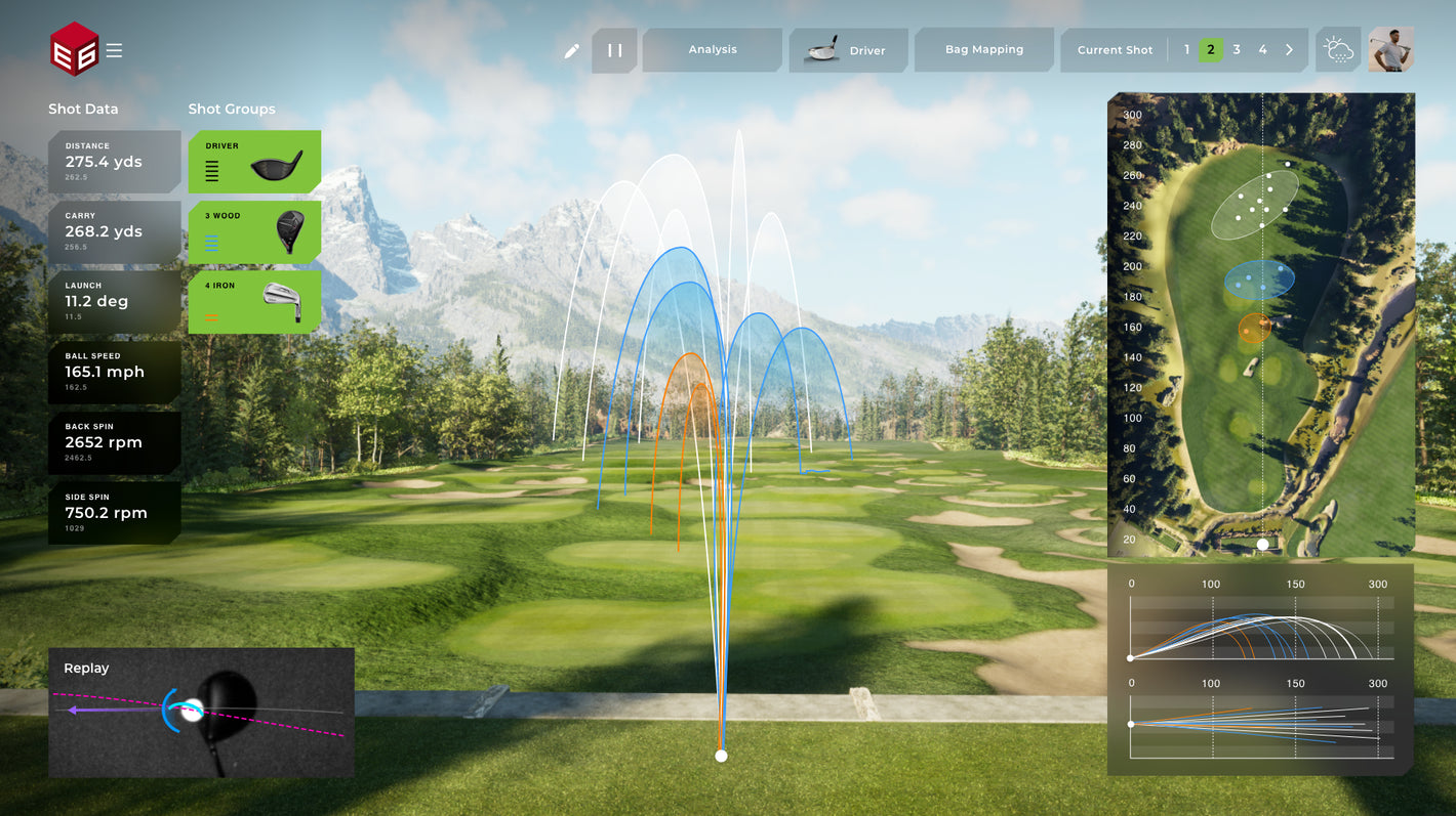 E6 golf range interface showing shot data, dispersion and impact replay